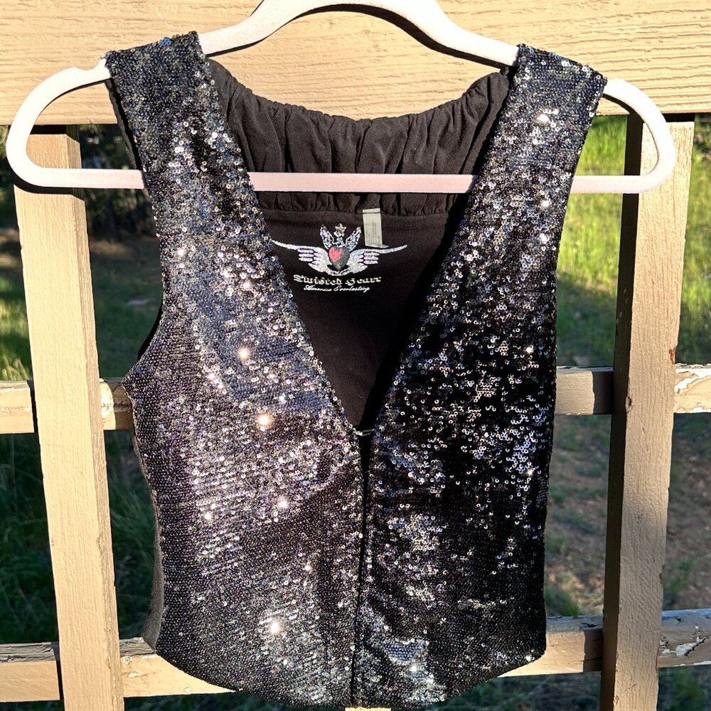 RARE Twisted Heart Black & Silver Sequin Vest NWOT